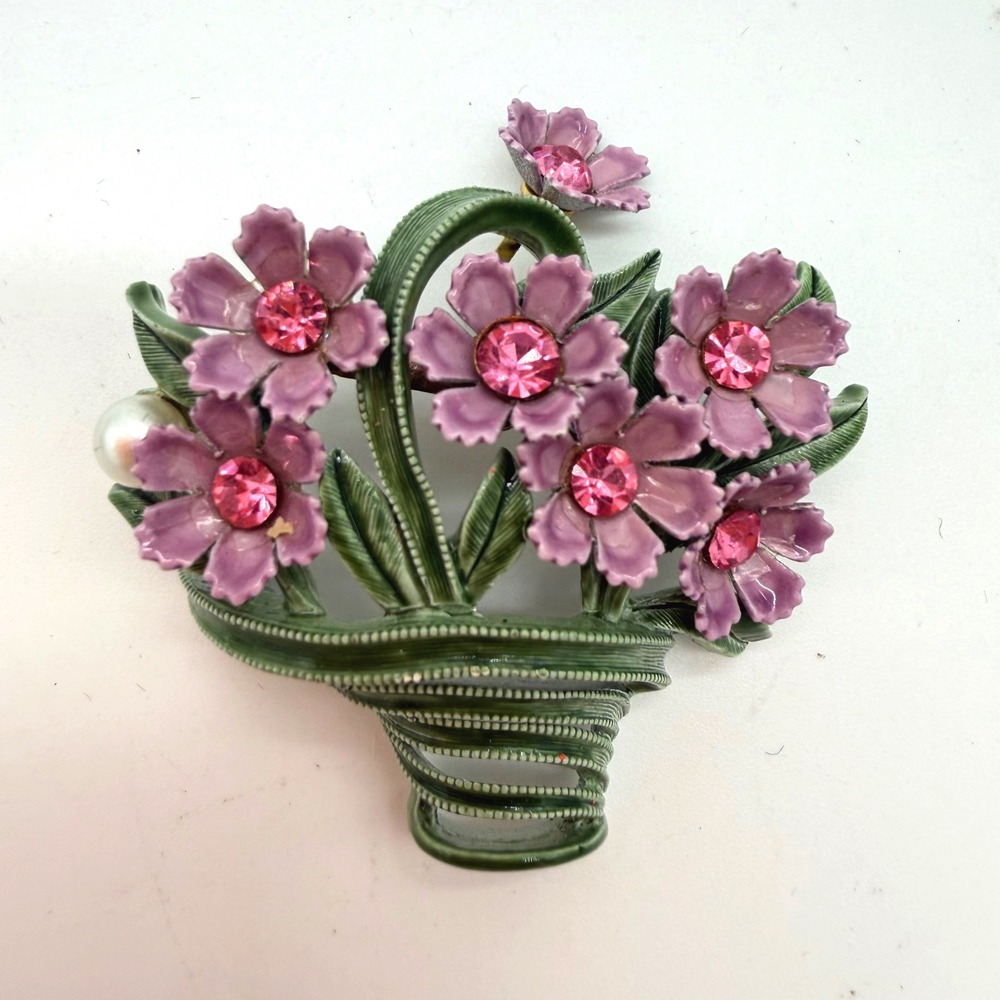 Vintage Pink Rhinestone Enamel Flower Basket Brooch Green Floral‎ Pin